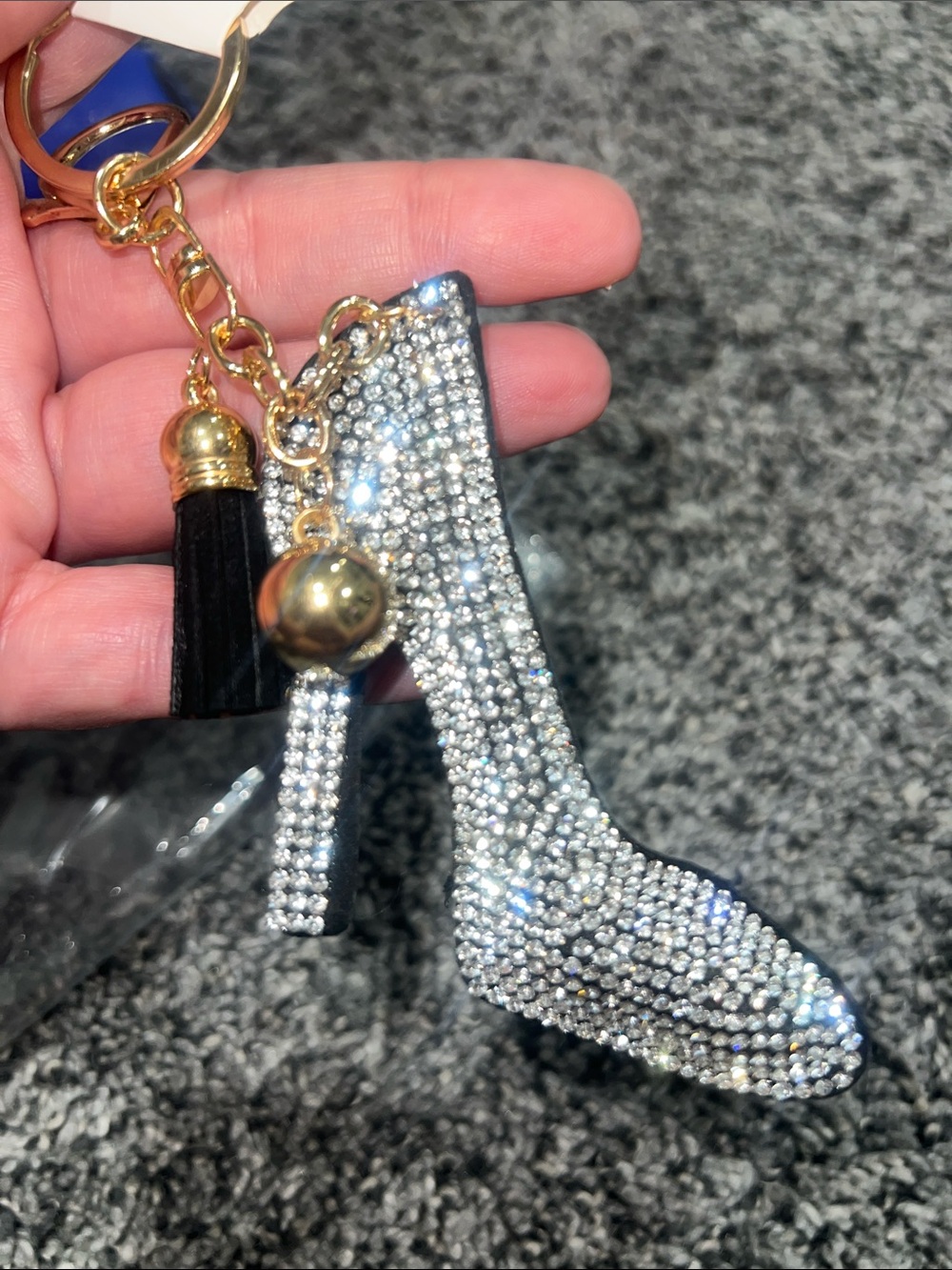 Crystal Rhinestone High Heel Keychain with Black Tassel